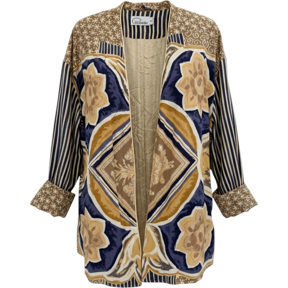 Vintage 90's Cappagallo‎ Kimono Style Jacket Small Navy Tan Open Front Artsy